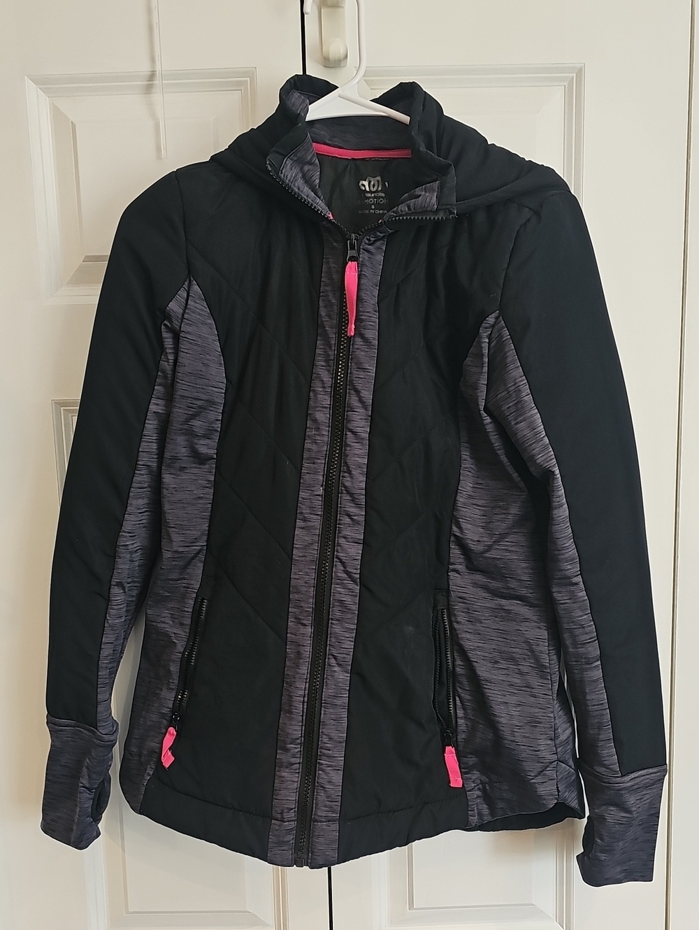 Maurices Black & Heather Gray Hooded Puffer Jacket with Pink Accents